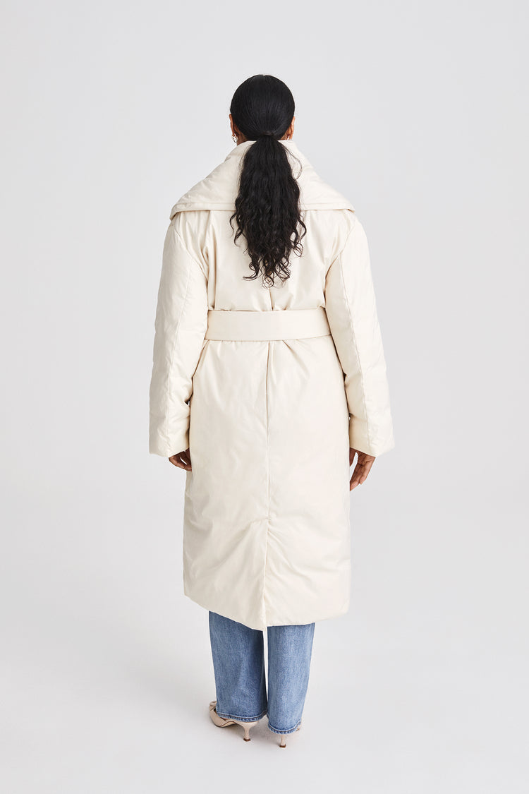 Habo coat padded calf length one piece shawl collar voluminous belted cream stylein back image