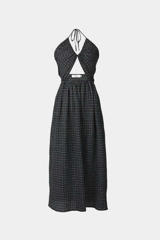 Janika dress cut out front midi seersucker gathered skirt smock detail back black stylein packshot