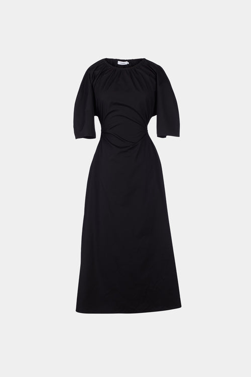 Jarama dress midi flared opened back cotton gathered waist cut outs elbow long sleeves black stylein packshot