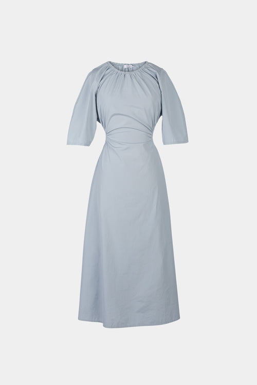 Jarama dress flared open back cotton midi gathered cuts elbow long sleeves pockets steel blue stylein packshot