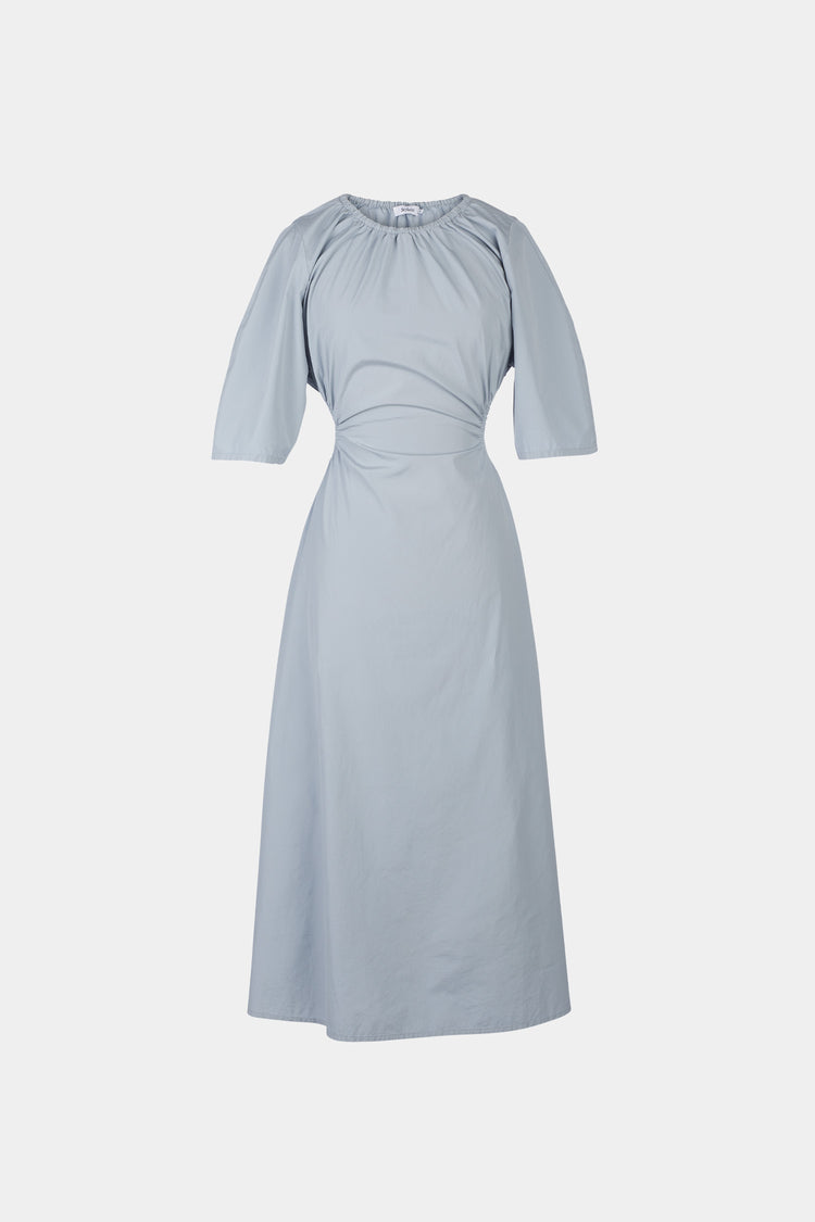 Jarama dress flared open back cotton midi gathered cuts elbow long sleeves pockets steel blue stylein packshot