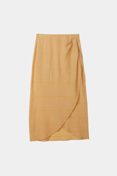 Josefine skirt calf length semi fitted higher waist high rounded front piece with slit yellow and white stylein packshot