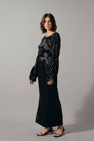 Maia dress maxi wide full length sleeves gathering detail shoulder seams rounded neckline belt waist black stylein side image