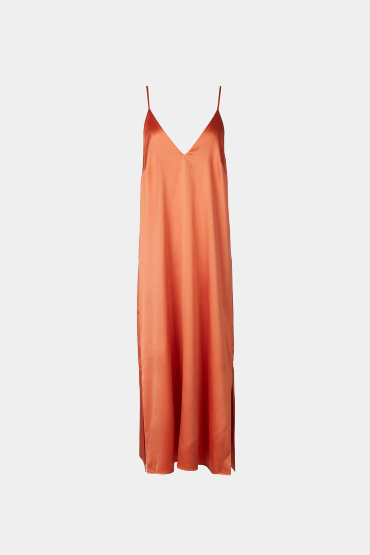 Malena dress aline slip midi shiny thin adjustable straps v neckline coral stylein packshot