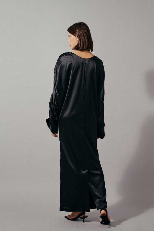 Maia dress maxi wide full length sleeves gathering detail shoulder seams rounded neckline belt waist black stylein back image