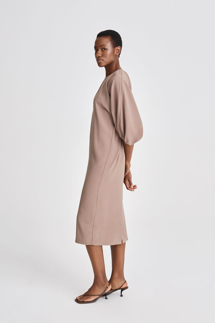 Brunate dress calf length loose fit body rounded neckline voluminous sleeves nougat stylein side image