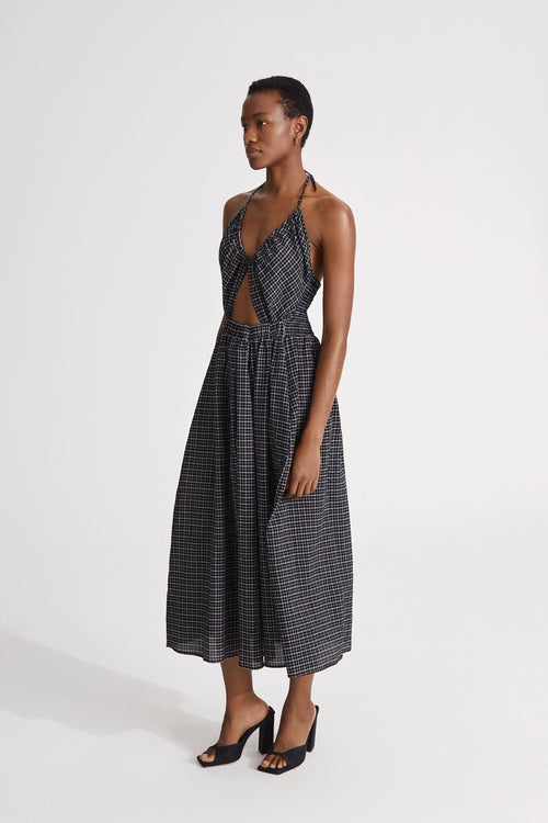 Janika dress cut out front midi seersucker gathered skirt smock detail back black stylein side image