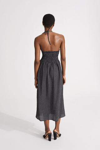 Janika dress cut out front midi seersucker gathered skirt smock detail back black stylein back image