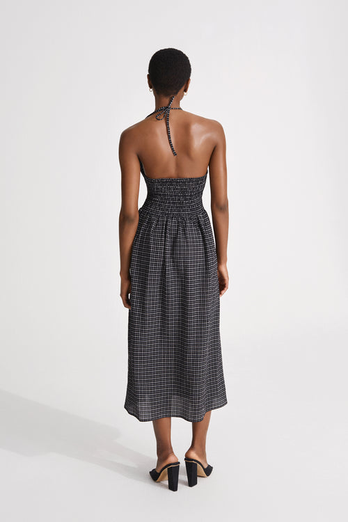 Janika dress cut out front midi seersucker gathered skirt smock detail back black stylein back image