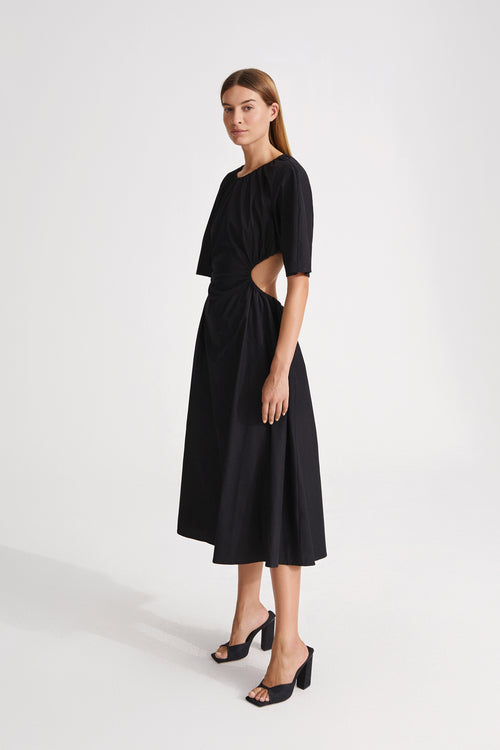 Jarama dress midi flared opened back cotton gathered waist cut outs elbow long sleeves black stylein side image