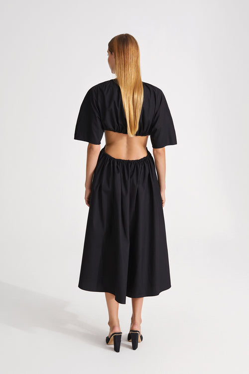 Jarama dress midi flared opened back cotton gathered waist cut outs elbow long sleeves black stylein back image 