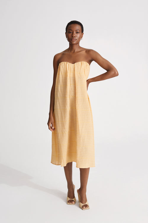 Jesi dress heart shaped bust gathered details midi seersucker yellow stylein front image