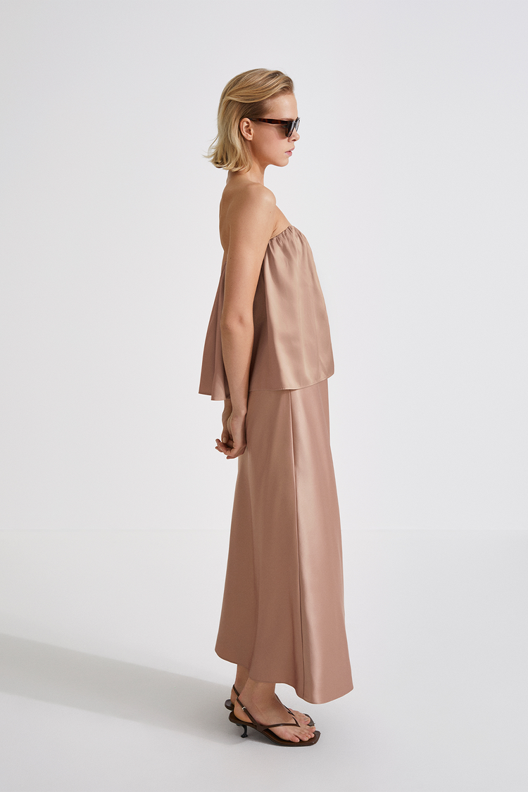 Madga skirt maxi long satin taupe stylein side