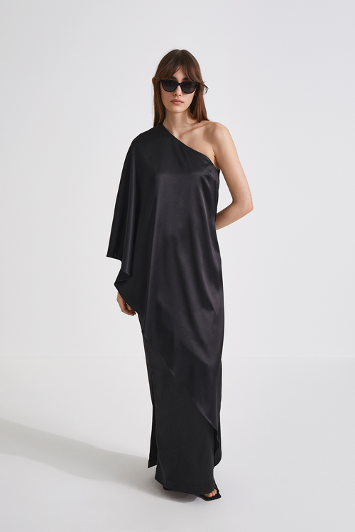 Magdalena dress straight fitted one shoulder full length draping black stylein front image