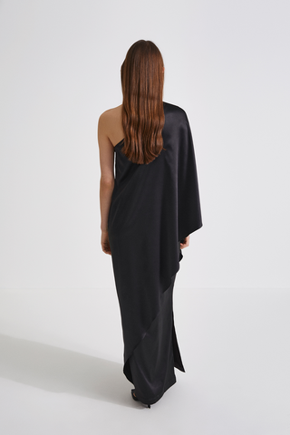 Magdalena dress straight fitted one shoulder full length draping black stylein back image