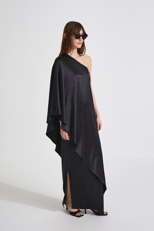 Magdalena dress straight fitted one shoulder full length draping black stylein side image