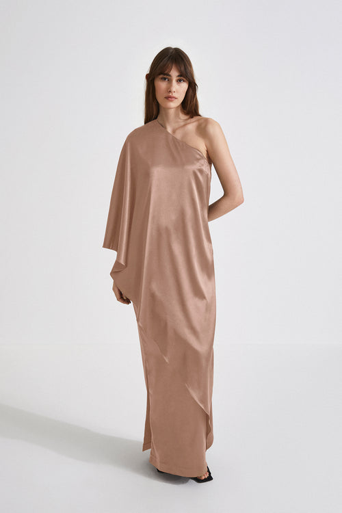 Magdalena dress straight fitted one shoulder full length draping detail shiny fabric taupe stylein front image