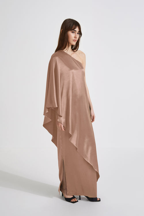 Magdalena dress straight fitted one shoulder full length draping detail shiny fabric taupe stylein side image