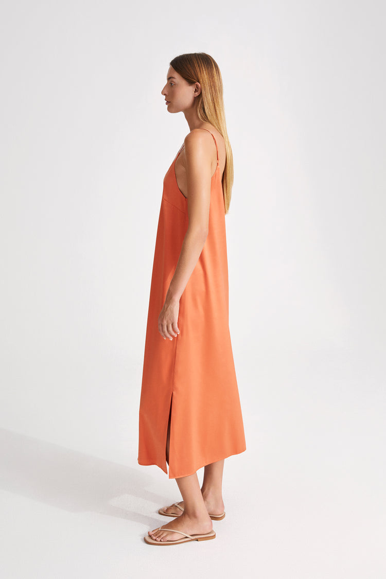 Malena dress aline slip midi shiny thin adjustable straps v neckline coral stylein side image