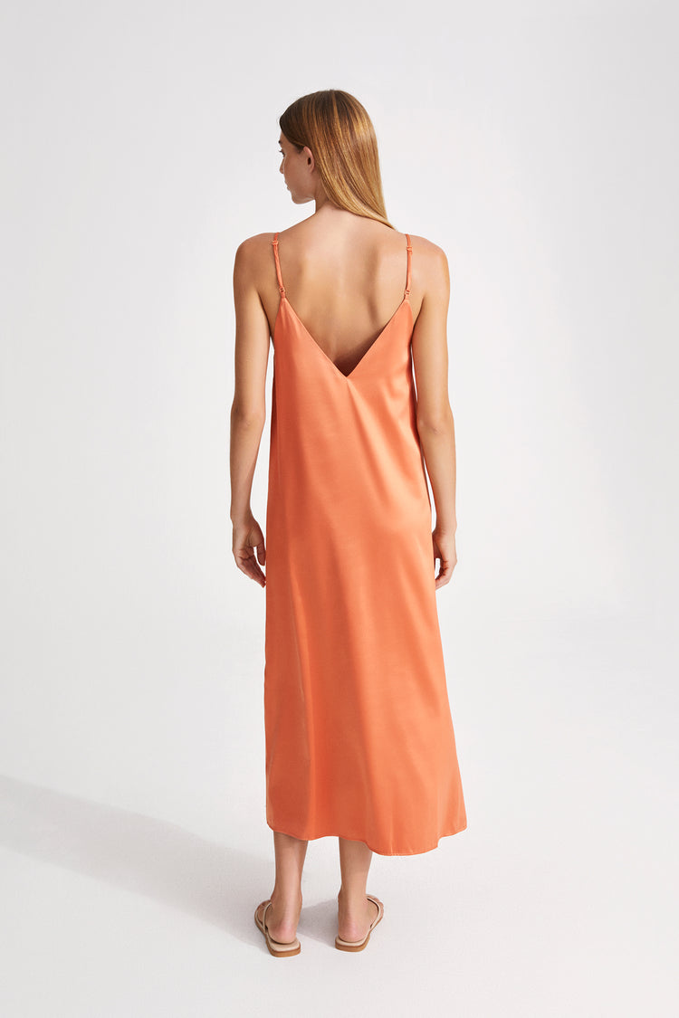 Malena dress aline slip midi shiny thin adjustable straps v neckline coral stylein back image