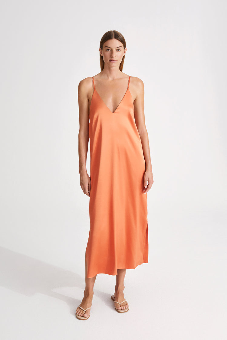 Malena dress aline slip midi shiny thin adjustable straps v neckline coral stylein front image