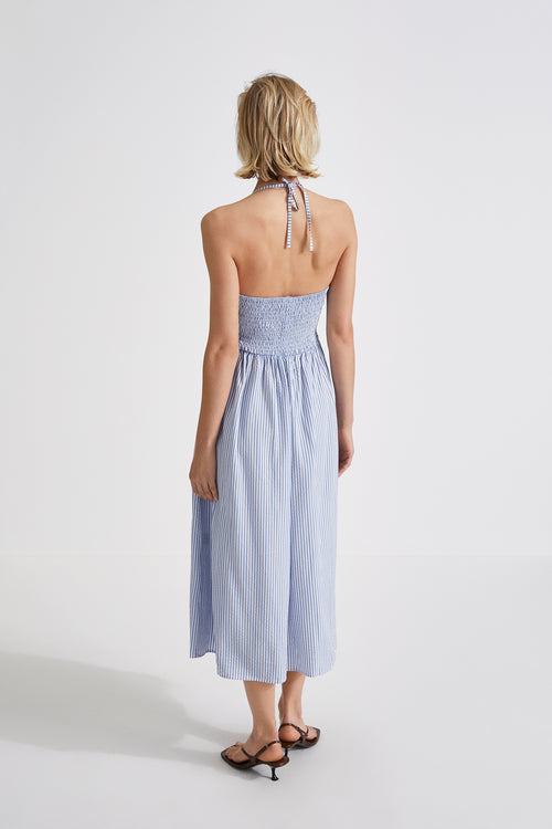 Mika dress cut out details midi tencel gathered skirt smock detail back blue stripe stylein back image