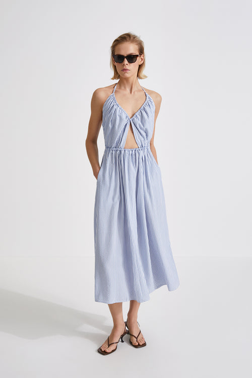 Mika dress cut out details midi tencel gathered skirt smock detail back blue stripe stylein front image