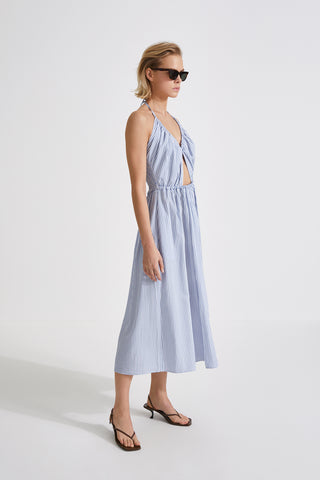 Mika dress cut out details midi tencel gathered skirt smock detail back blue stripe stylein side image