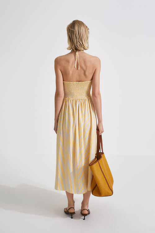 Mika dress cut out details midi tercel gathered skirt smock detail back yellow stripe stylein back image