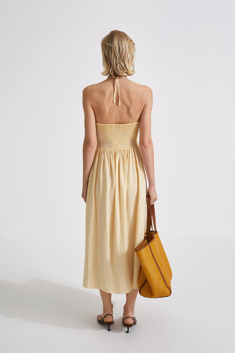 Mika dress cut out details midi tercel gathered skirt smock detail back yellow stripe stylein back image