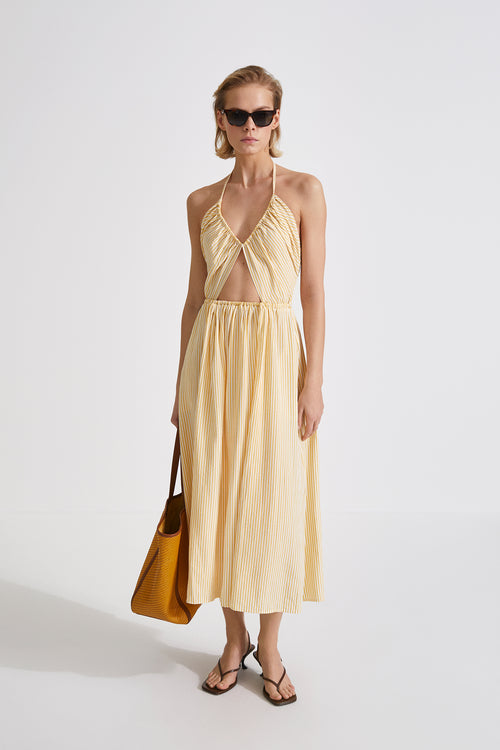 Mika dress cut out details midi tercel gathered skirt smock detail back yellow stripe stylein front image