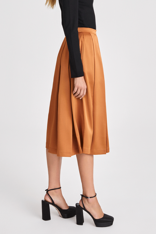 Moje skirt calf length box pleats a line dark ginger burnt orange stylein side image