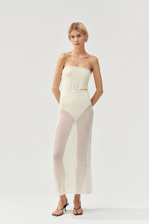 Obelia skirt mesh knitted see through straight fit calf length cream stylein front image