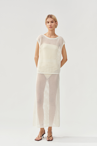 Orion top sleeveless mesh knitted seethrough straight boxy fit boat neckline  dropped shoulders cream stylein front image