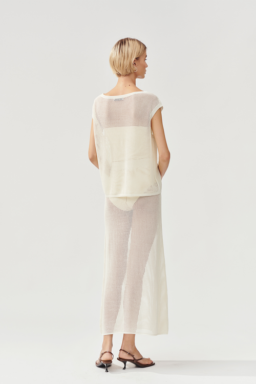 Orion top sleeveless mesh knitted seethrough straight boxy fit boat neckline  dropped shoulders cream stylein back image