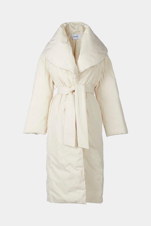 Habo coat padded calf length one piece shawl collar voluminous belted cream stylein packshot