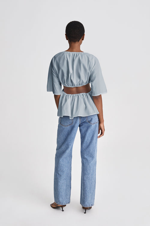 Jara top elbow long sleeves open back steel blue stylein back image