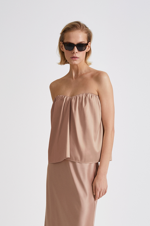 Midas top shirt bandeau heart shaped bust shiny taupe stylein front image